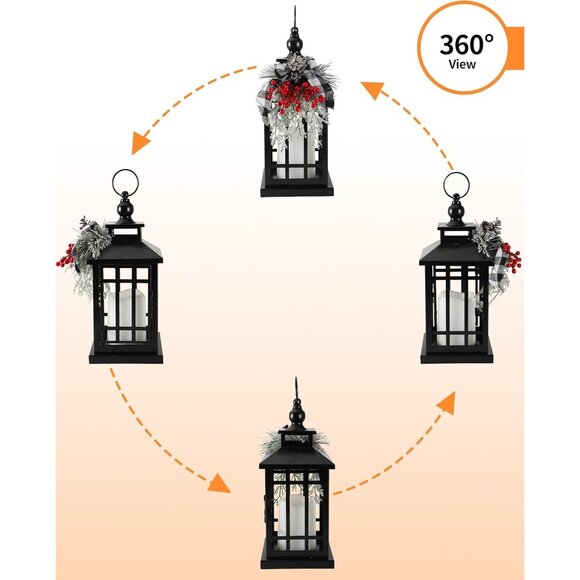 New Metal Black Christmas Lantern with Flameless Candle, Rustic Holiday Decor - Picture 7 of 7